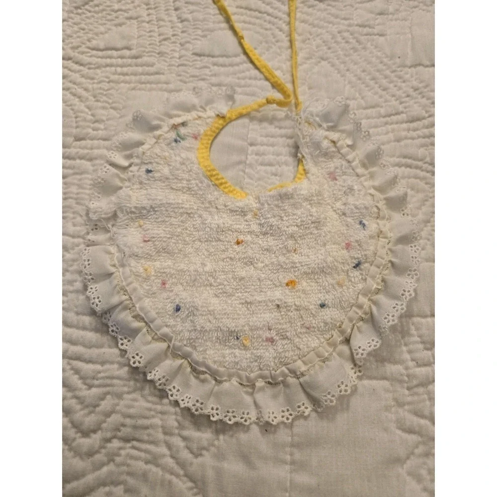 Vintage BABY BIB Embroidered Sun Flowers On Terry Cloth Eyelet Lace Ruffle
